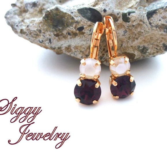 Swarovski Crystal Double Drop Earrings, Ivory Cream and Burgundy, Lever-Back - Picture 3 of 5